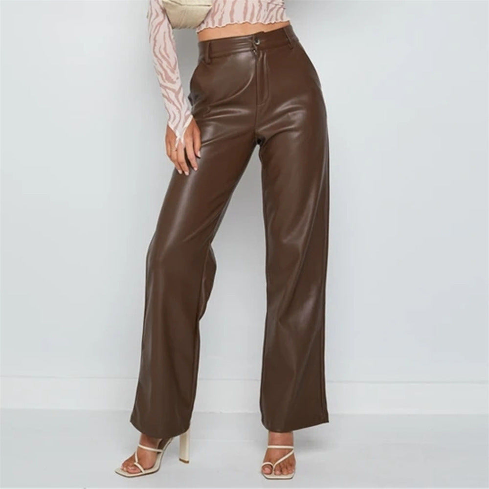 Women's High Waist Loose Wide-leg Leather Pants