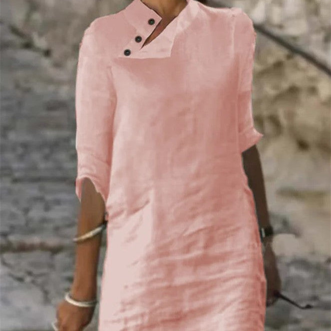 Women's Casual Stand-up Collar Button Cotton Linen Solid Color Mid-sleeve Dress