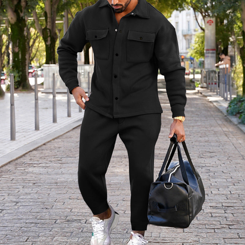 Men's Suede Single-breasted Slim Fit Two-piece Tracksuit