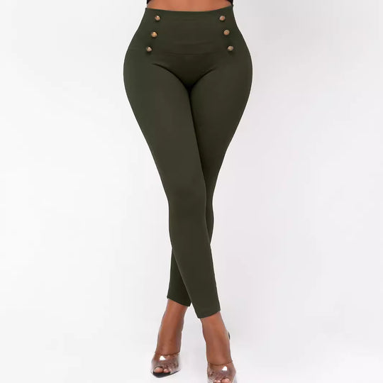 High Waist Button Solid Color Slim Fit Hip Skinny Pants