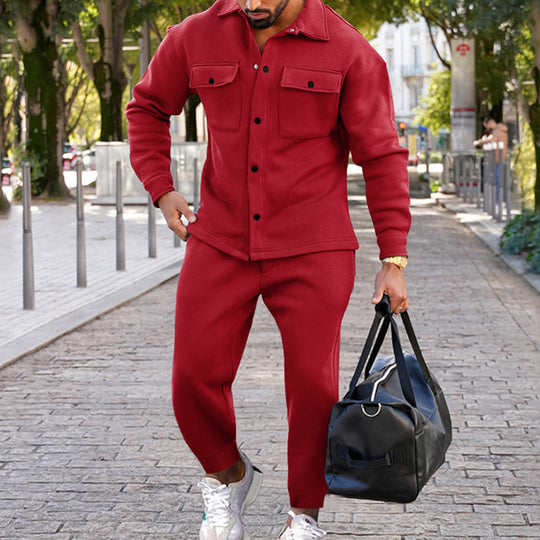 Men's Suede Single-breasted Slim Fit Two-piece Tracksuit